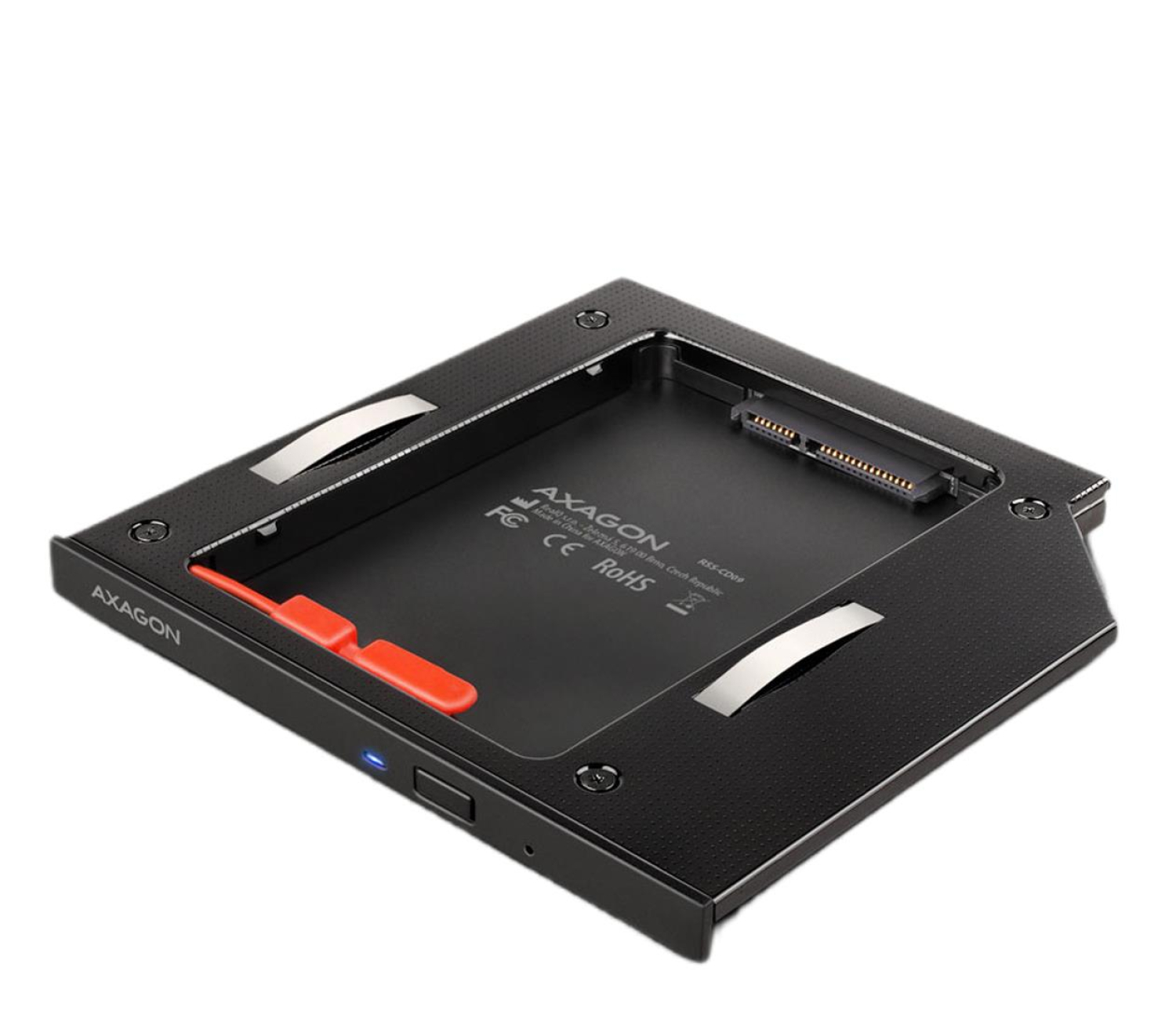 AXAGON RSS-CD09 Ramka HDD Caddy na dysk 2,5" SSD/HDD w miejsce napędu DVD w laptopie, wysokość 9,5 mm, SATA III, LED, aluminiowa