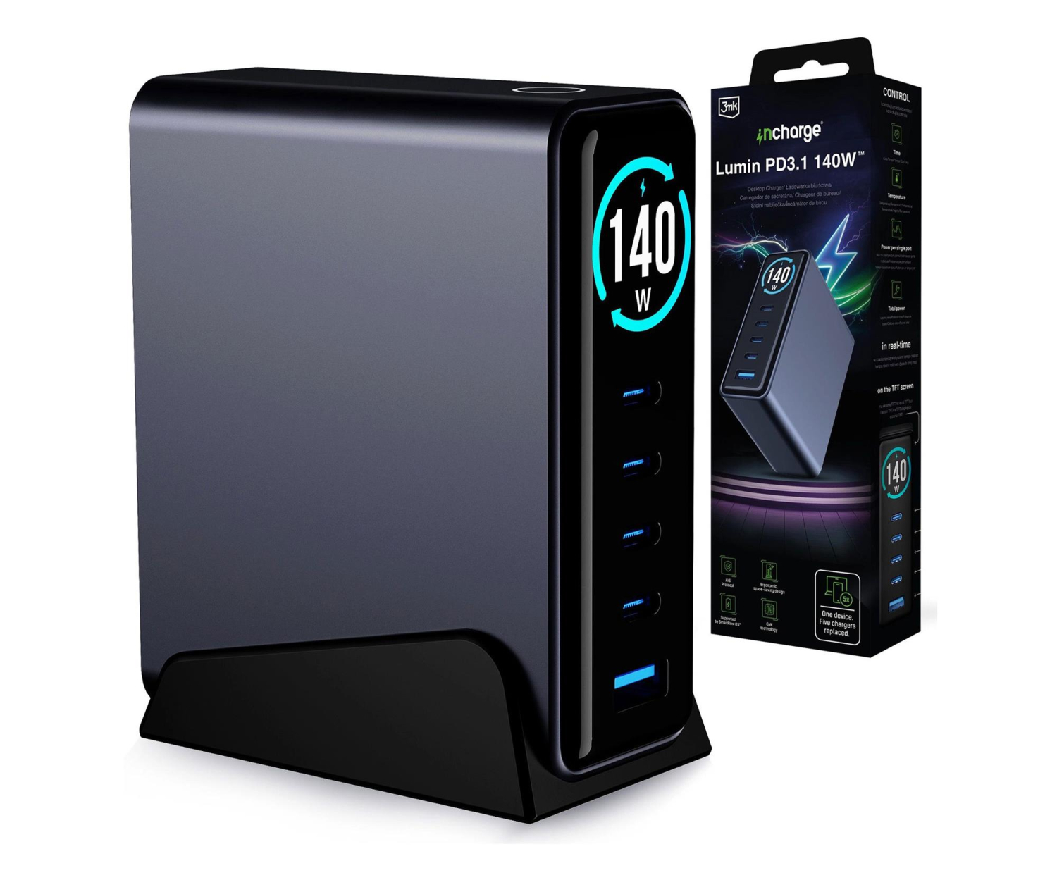 3mk InCharge Charger Lumin TFT GaN PD3.2 140W Display