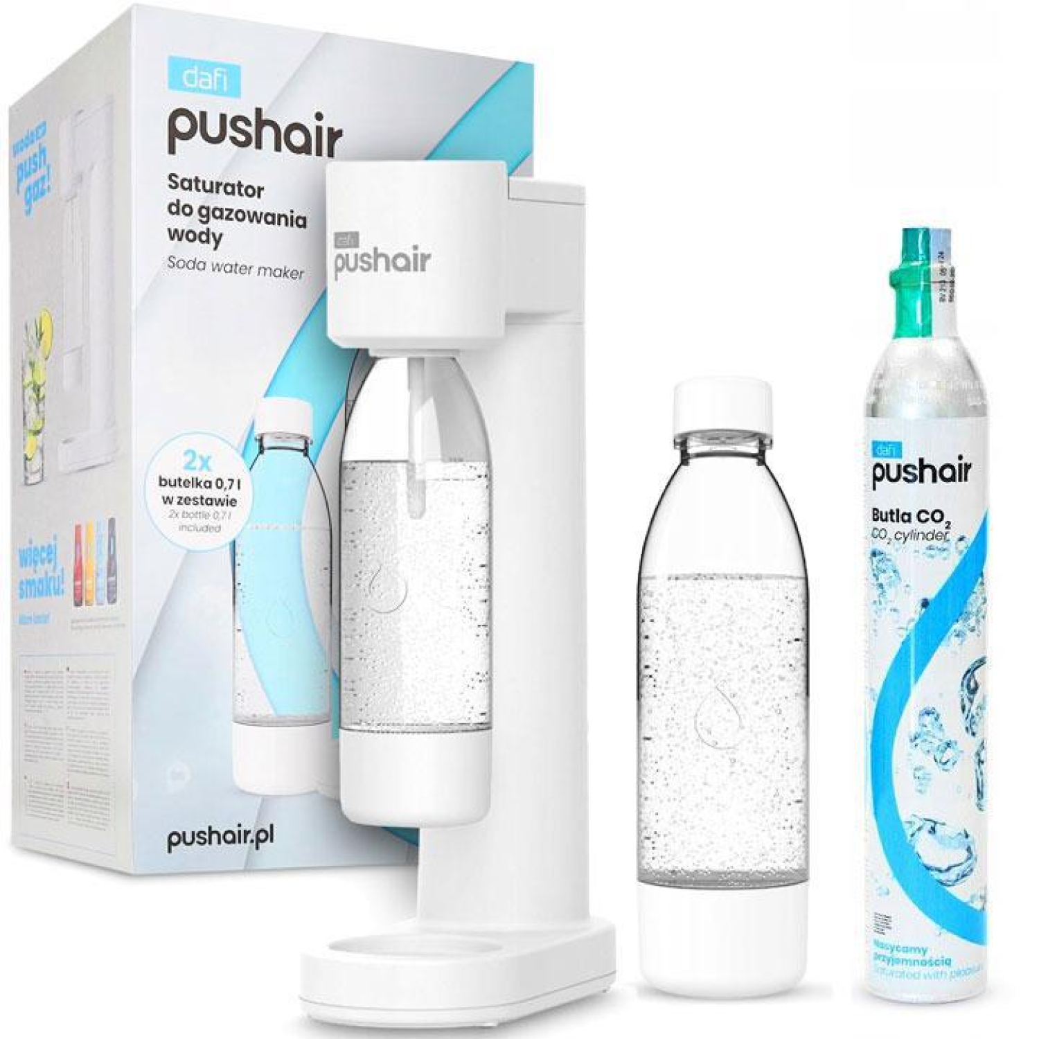 Dafi PUSHAIR SATURATOR Z NABOJEM CO2 + 2 BUTELKI 0,7 - BIAŁY