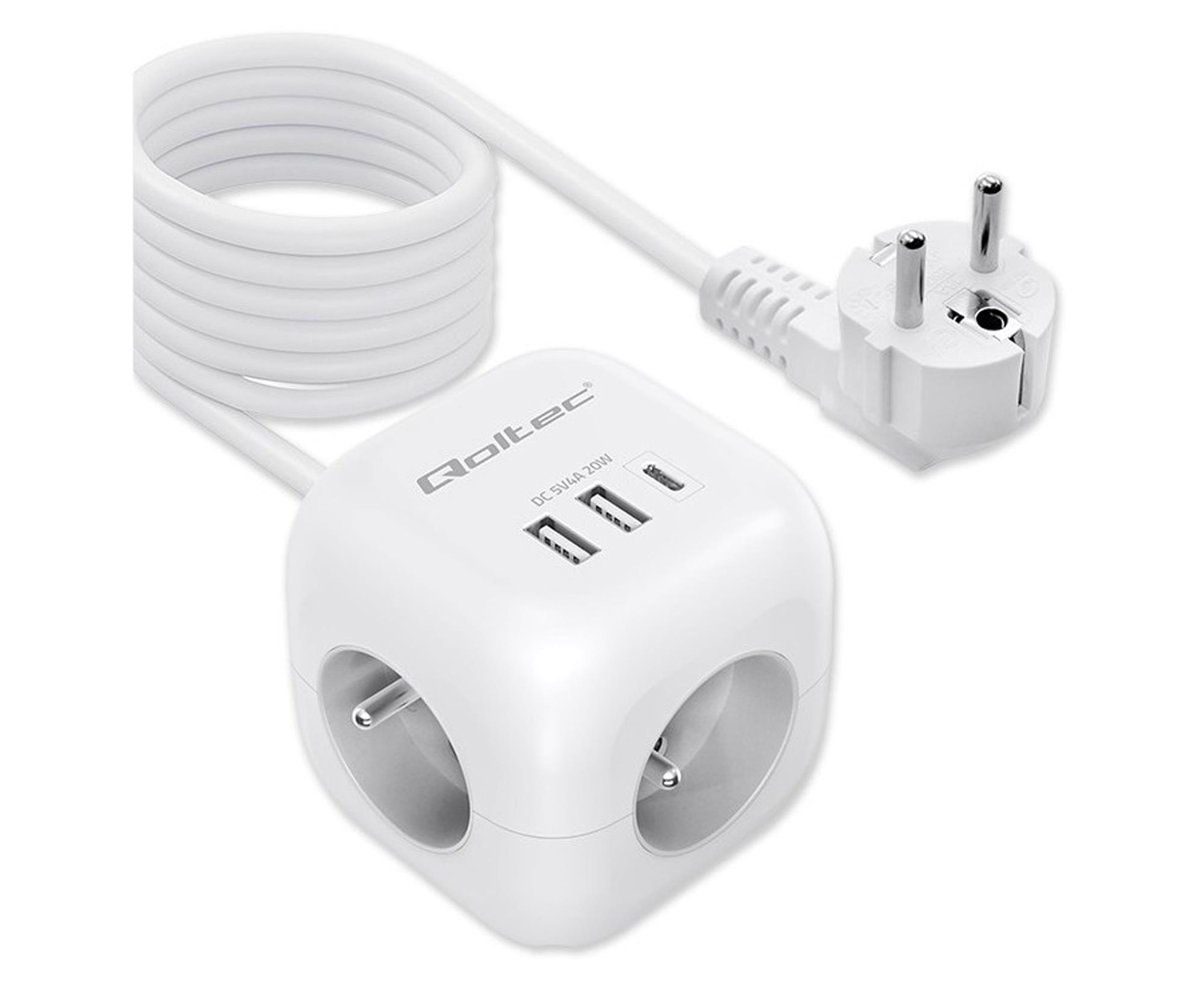 Qoltec Kostka zasilająca przedłużacz 6w1 3x AC 2x USB 1x USB-C 2m