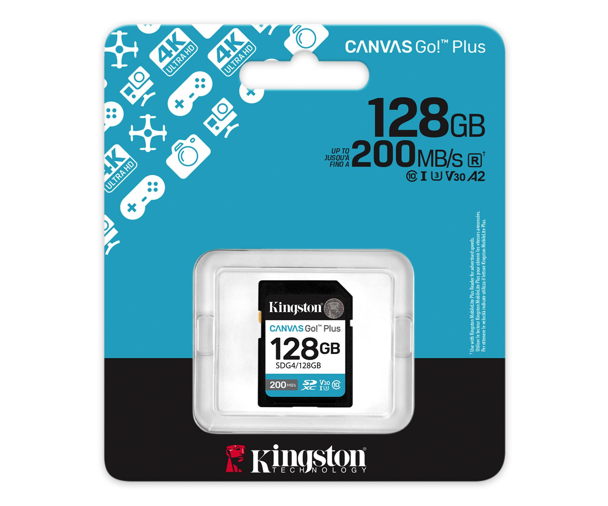Kingston 128GB SDXC Canvas Go! Plus Gen4 200MB/s C10 UHS-I U3 V30