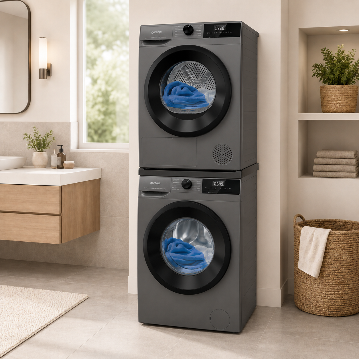 Gorenje Suszarka DHNE82T/PL+Pralka W1NHPI84AST/PL+Łącznik SKHNE80S/C