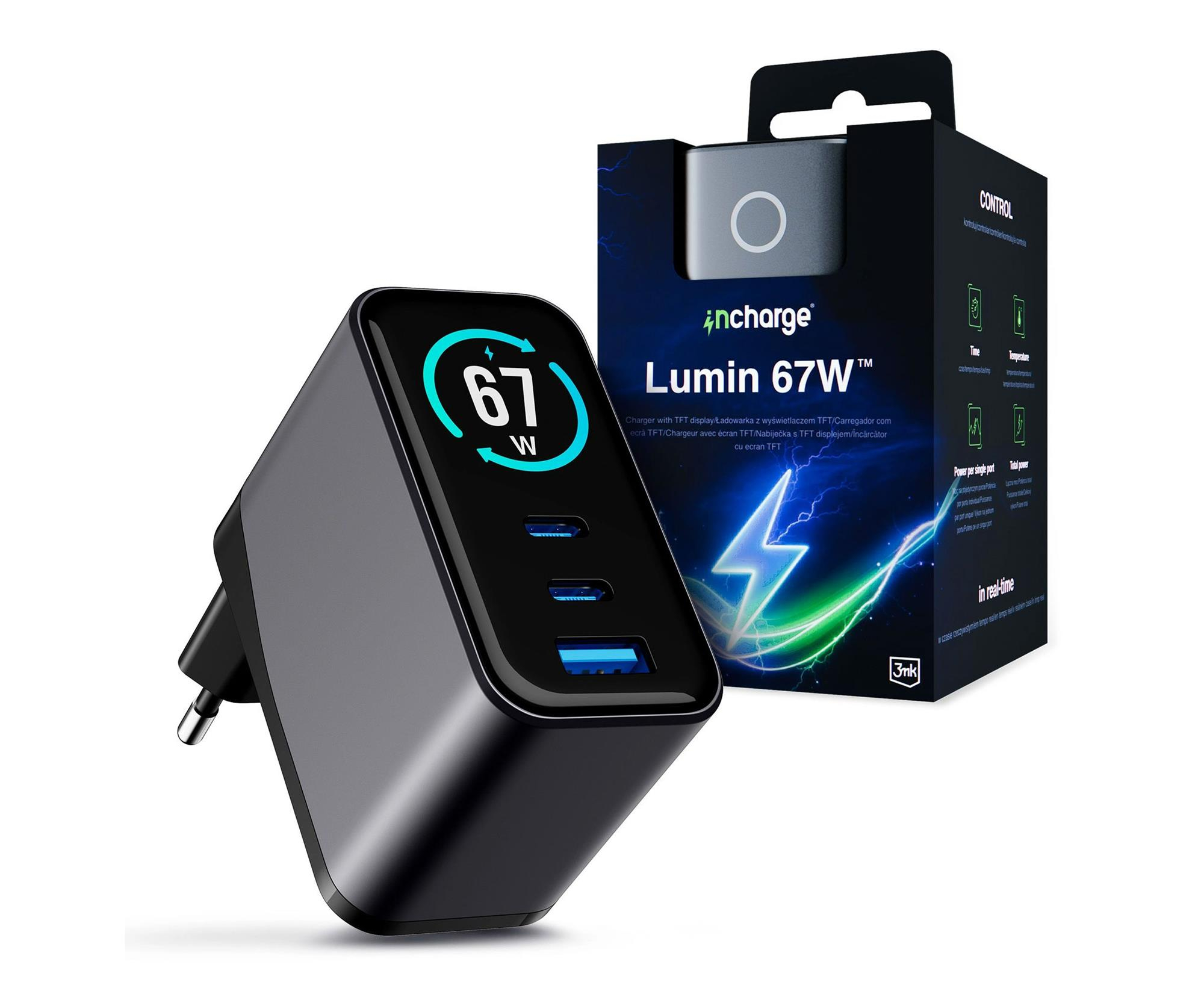 3mk Ładowarka sieciowa incharge® Lumin 67W™ 2 x USB-C + USB