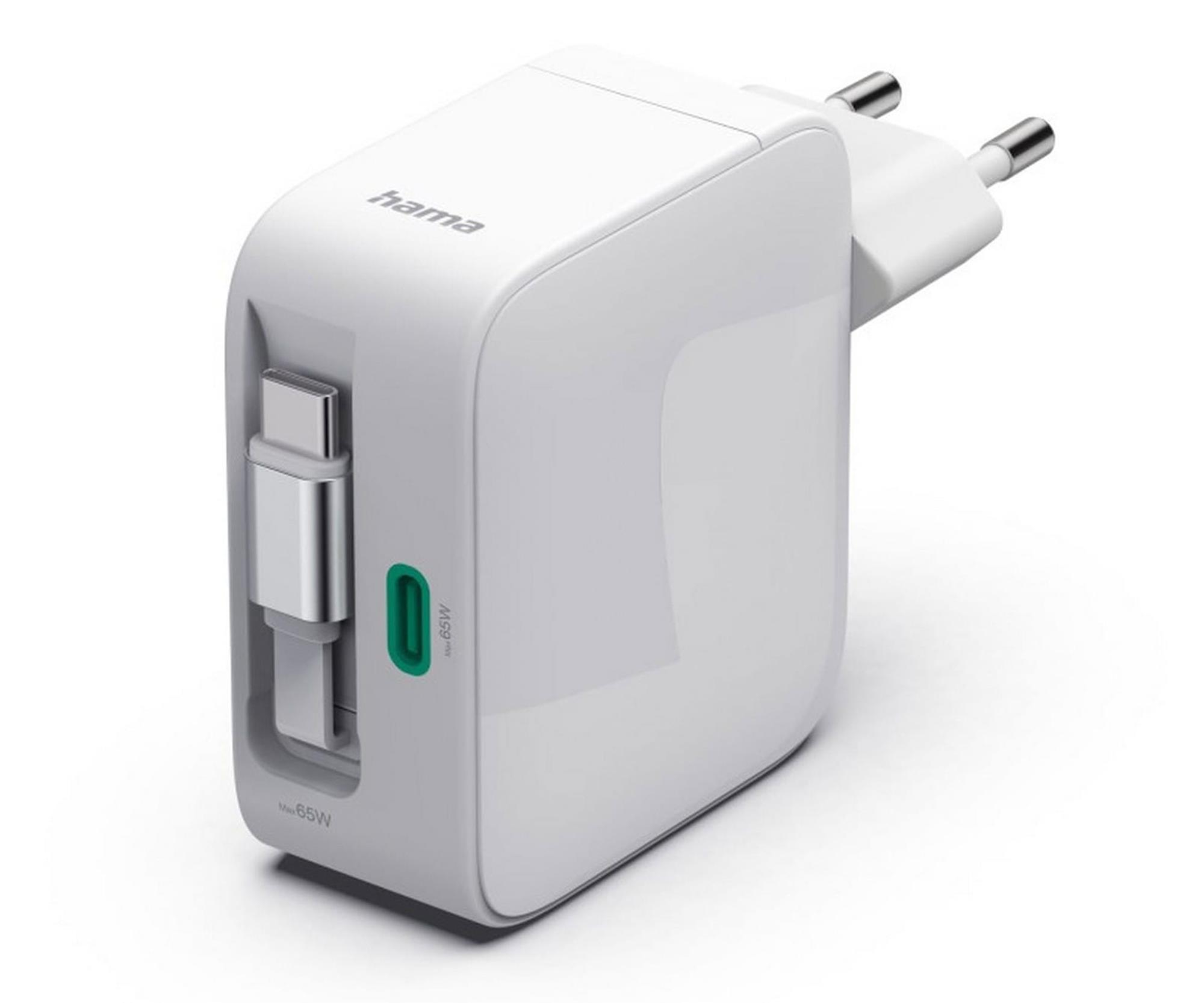 Hama ŁADOWARKA GAN 65W Z KABLEM USB-C ZWIJANYM 2X USB-C BIAŁA