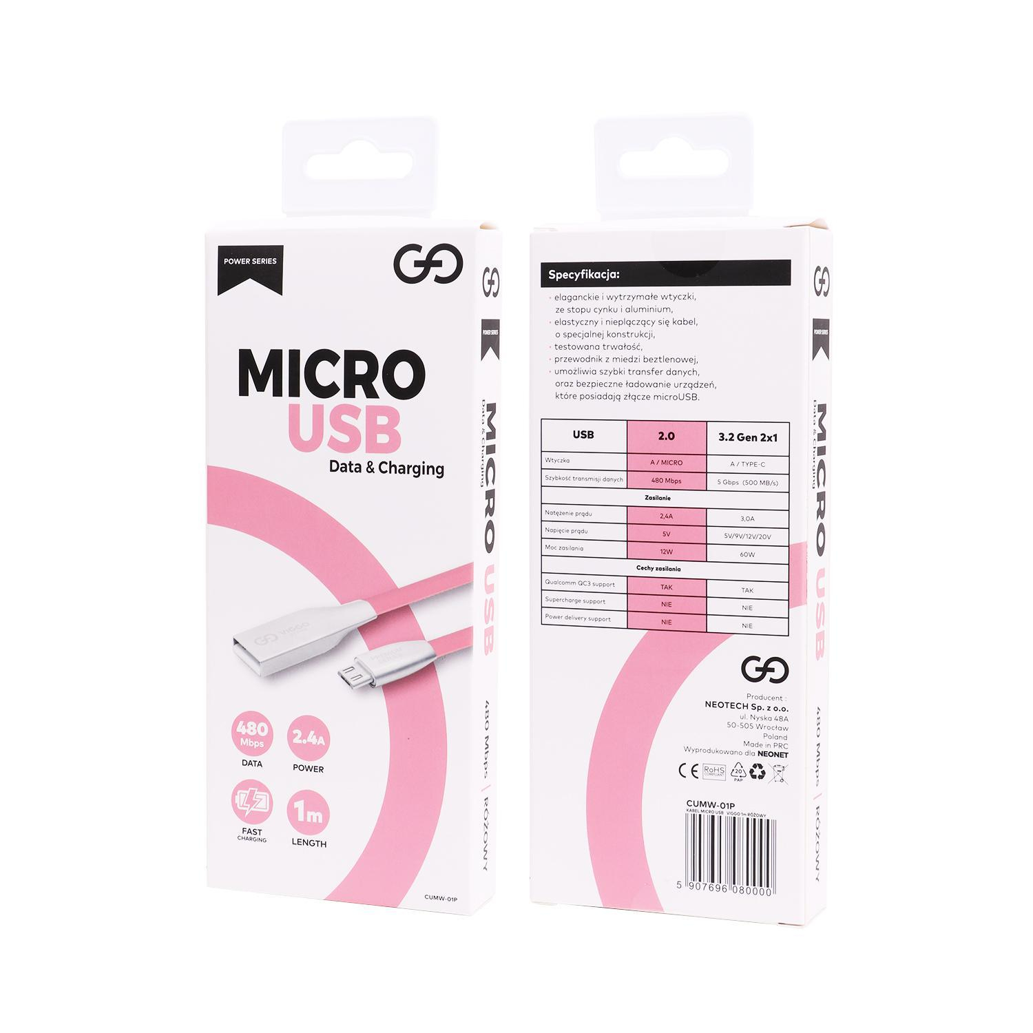 VIGGO DESIGN USB-microUSB 1m Różowy