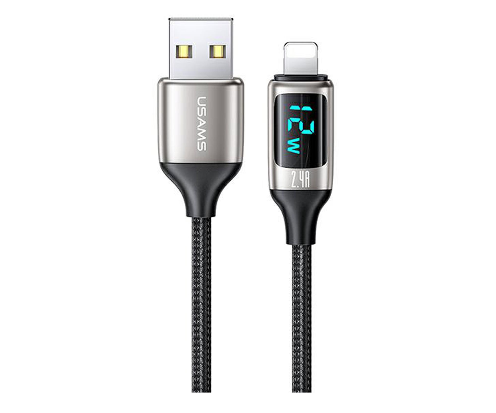USAMS Kabel pleciony lightning 1,2m LED 2,4A srebrno-czarny