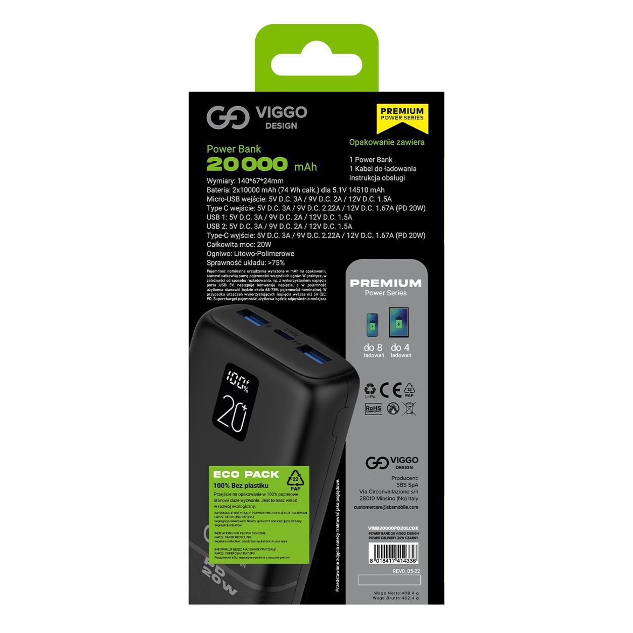 VIGGO DESIGN POWERBANK VIGGO 20.000 mAh PD 20W LED Czarny