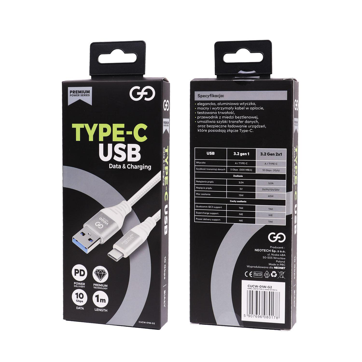 VIGGO DESIGN USB - USB-C VIGGO PREMIUM 3A 1m Biały