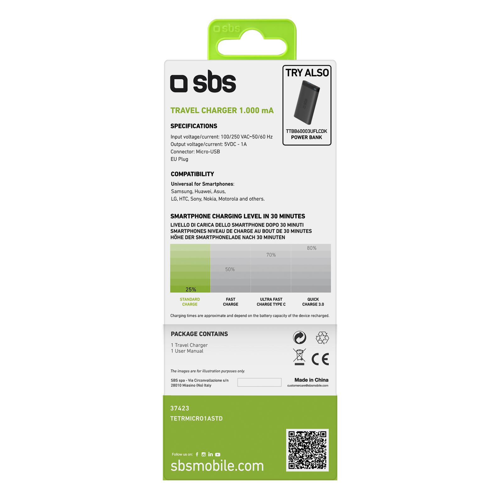 SBS Ladowarka Sieciowa z kablem microUSB 1A