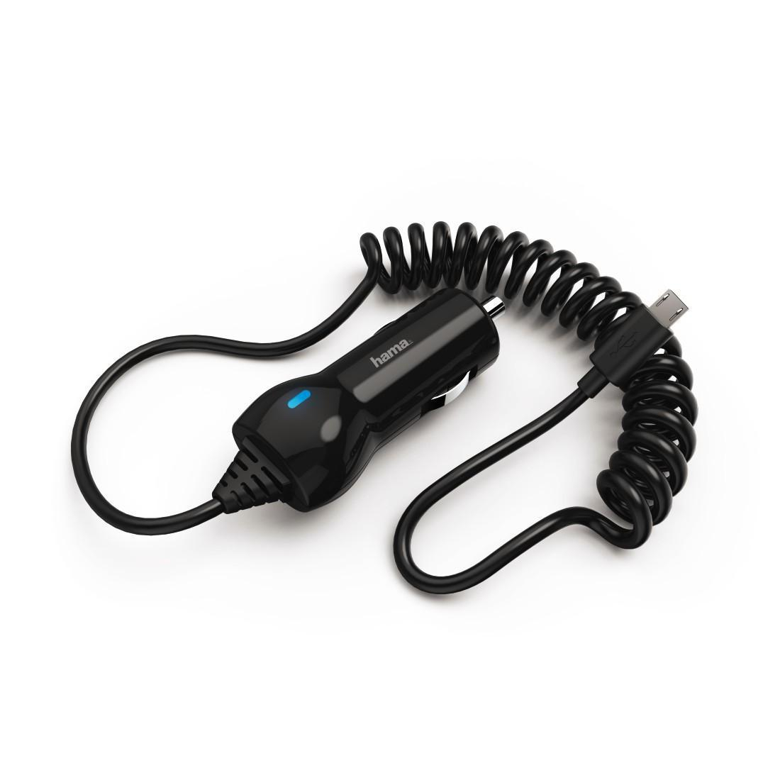 Hama Ladowarka Samochodowa z kablem spiralnym microUSB 2.4A czarn
