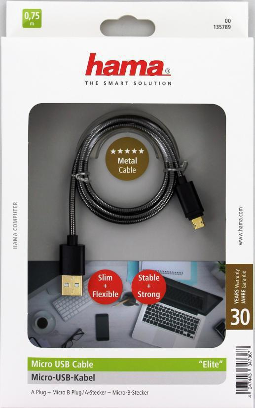 Hama KABEL USB-microUSB 0.75M HAMA ELITE czarny
