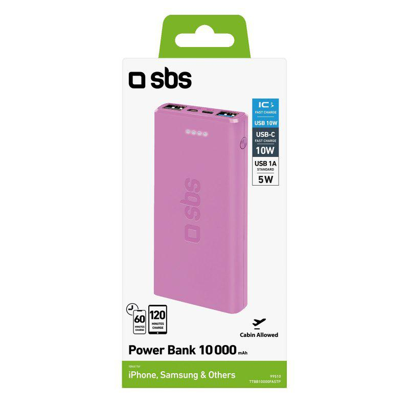 SBS POWERBANK SBS 10.000 mAh 10W 1xUSB-C 2xUSB Różowy #