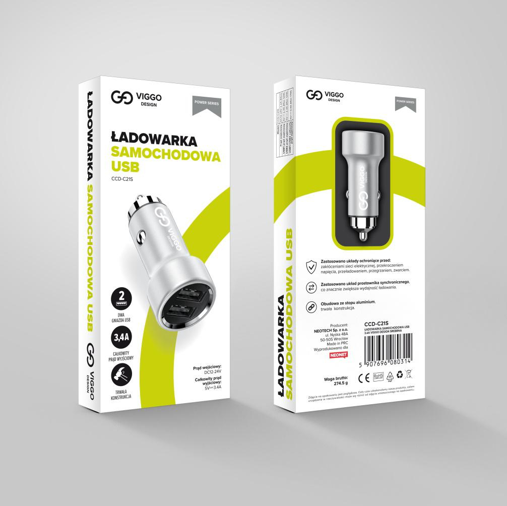 VIGGO DESIGN 2xUSB 3.4A Srebrna