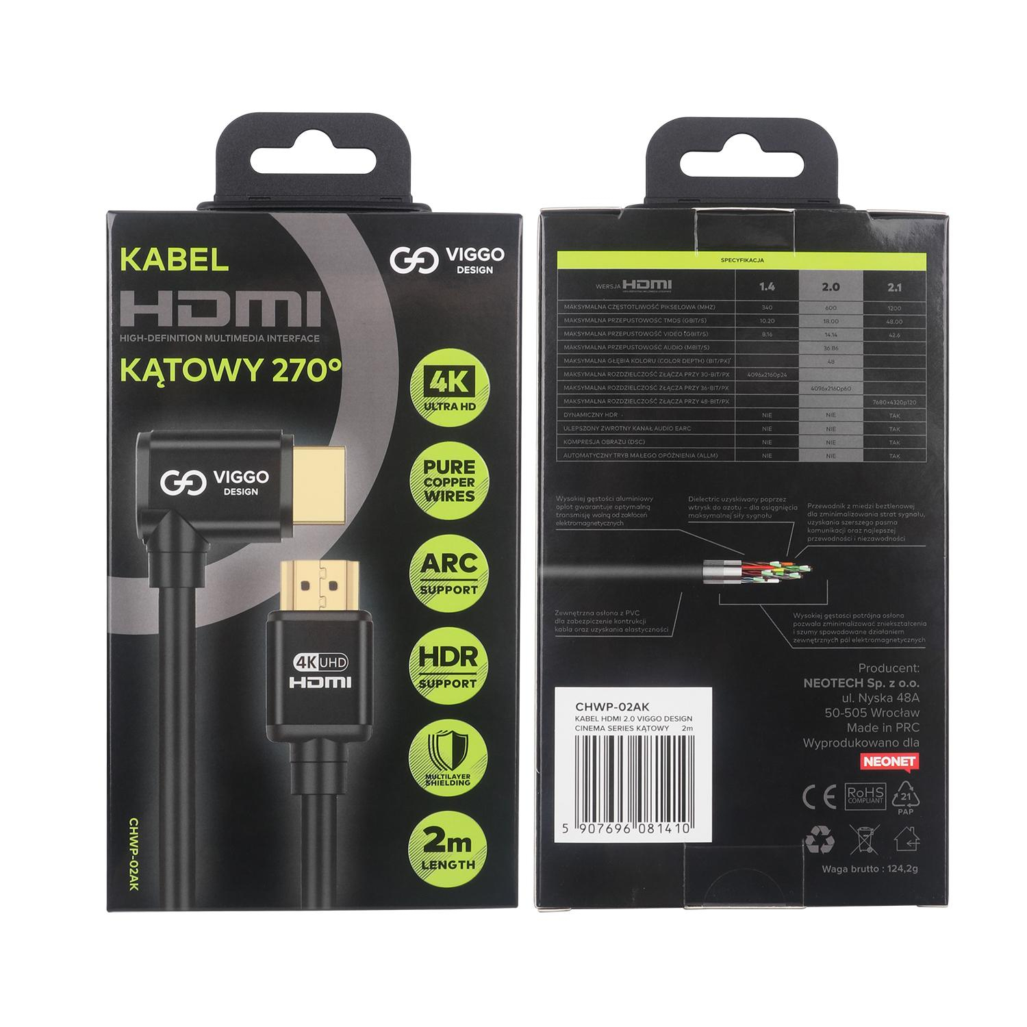 VIGGO DESIGN KABEL HDMI 2.0 VIGGO DESIGN CINEMA SERIES KĄTOWY 2M