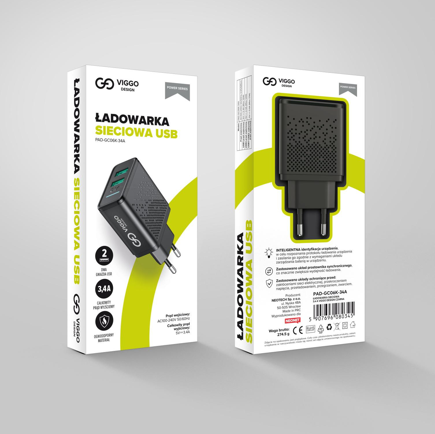 VIGGO DESIGN 2xUSB 3.4A Czarna