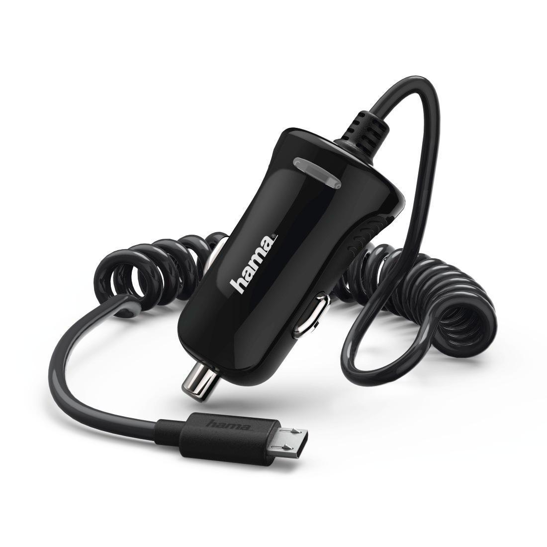 Hama Ładowarka Samochodowa z kablem spiralnym microUSB 2,4A czarn