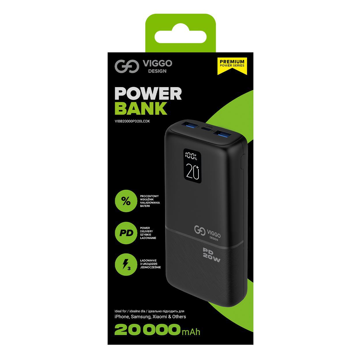 VIGGO DESIGN POWERBANK VIGGO 20.000 mAh PD 20W LED Czarny