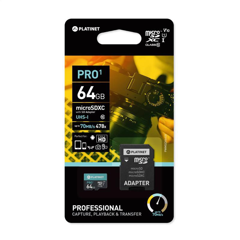 PLATINET microSD 64GB PROFESSIONAL + ADAPTER SD class10 UI