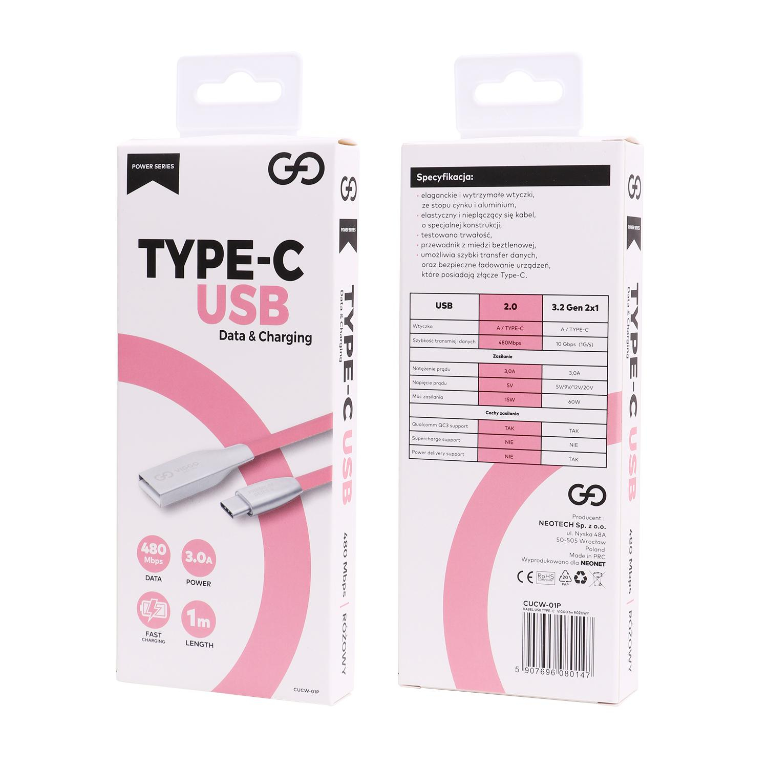 VIGGO DESIGN USB - USB-C VIGGO 1m Różowy