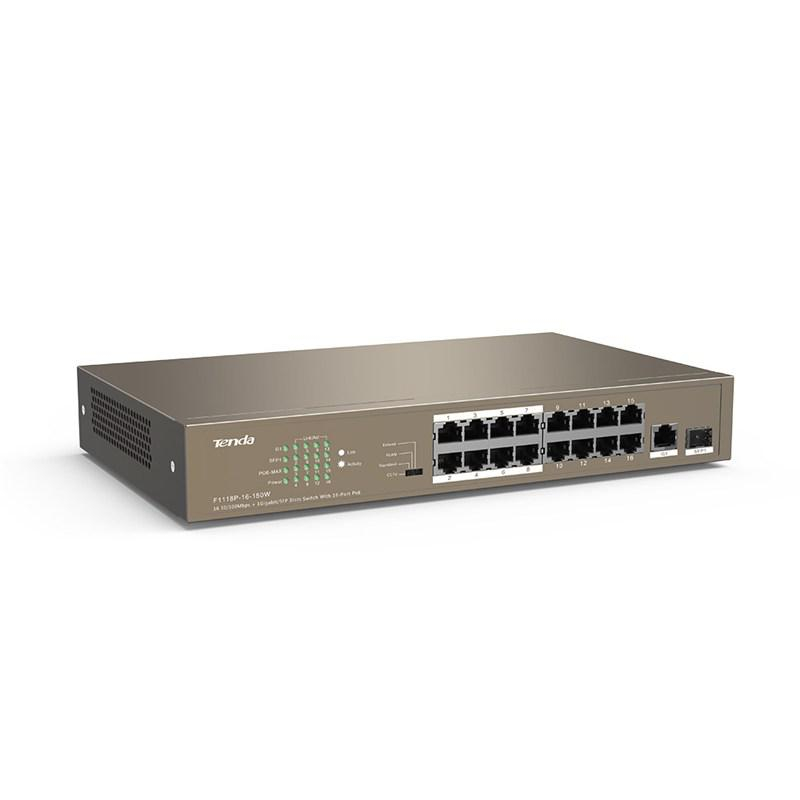 Tenda TEF1118P-16-150W Base-TX RJ45 16-portowy + Base-X SFP 1-port