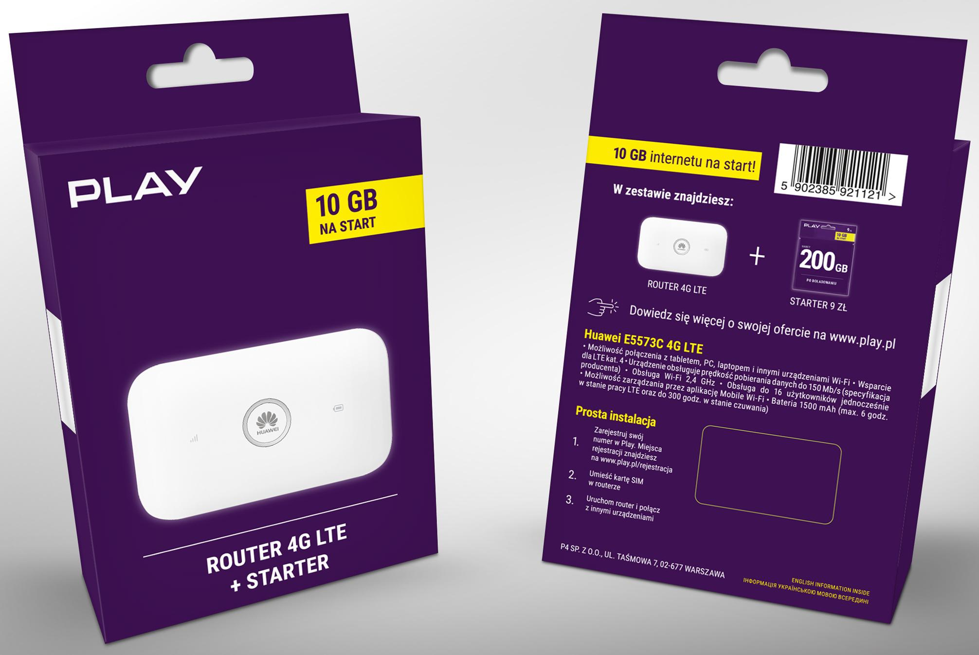 Huawei E5573C 4G LTE SIM WiFi 150Mb/s + karta PLAY 10GB bez simlock