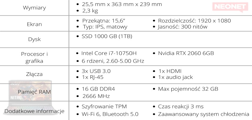Laptop do gier ACER Nitro 5 AN515-55 - specyfikacja