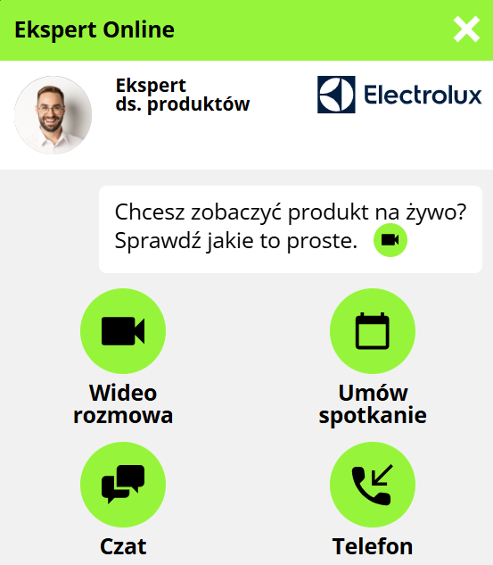 formy kontaktu z ekspertem online Electrolux - czat, wideo, telefon lub spotkanie