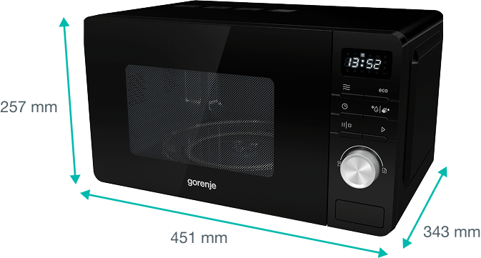 Kuchenka mikrofalowa Gorenje z widocznymi wymiarami: szerokość 451 mm, wysokość 257 mm i głębokość 343 mm.