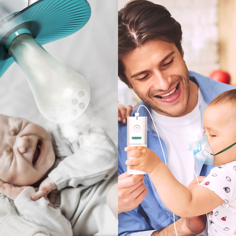 Inhalacja od najmłodszych lat - dziecko trzymane przez ojca  inhaluje się neno bene