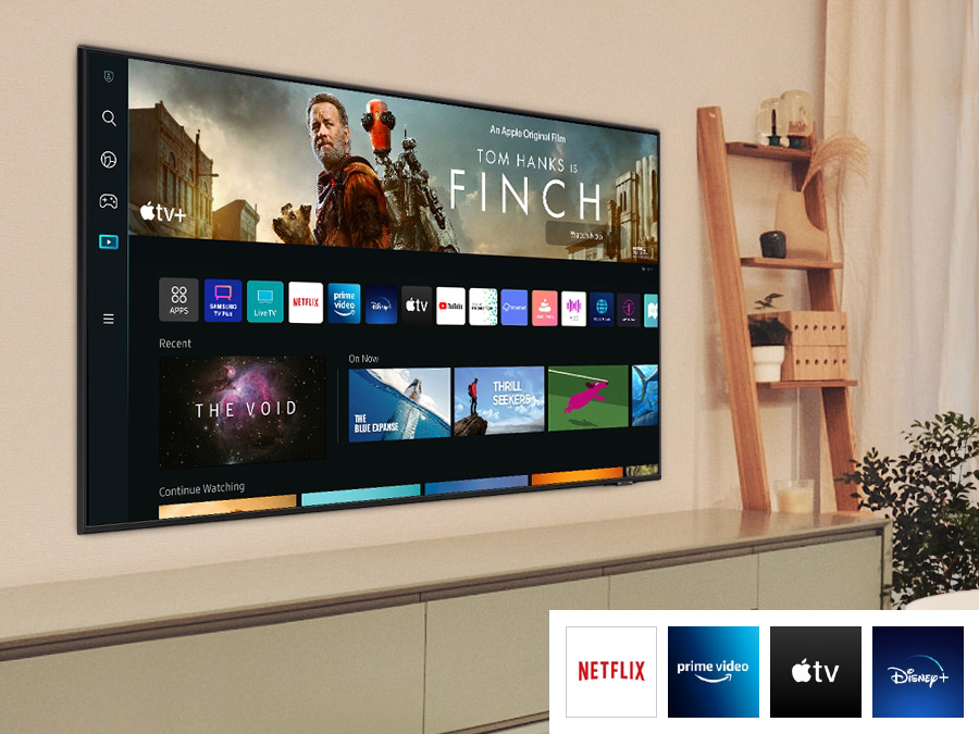 Lista dostępnych aplikacji. Na dole wyróżnione: Netfilx, Amazon Prime Video, Apple TV i Disney Plus. BU8002KXXH