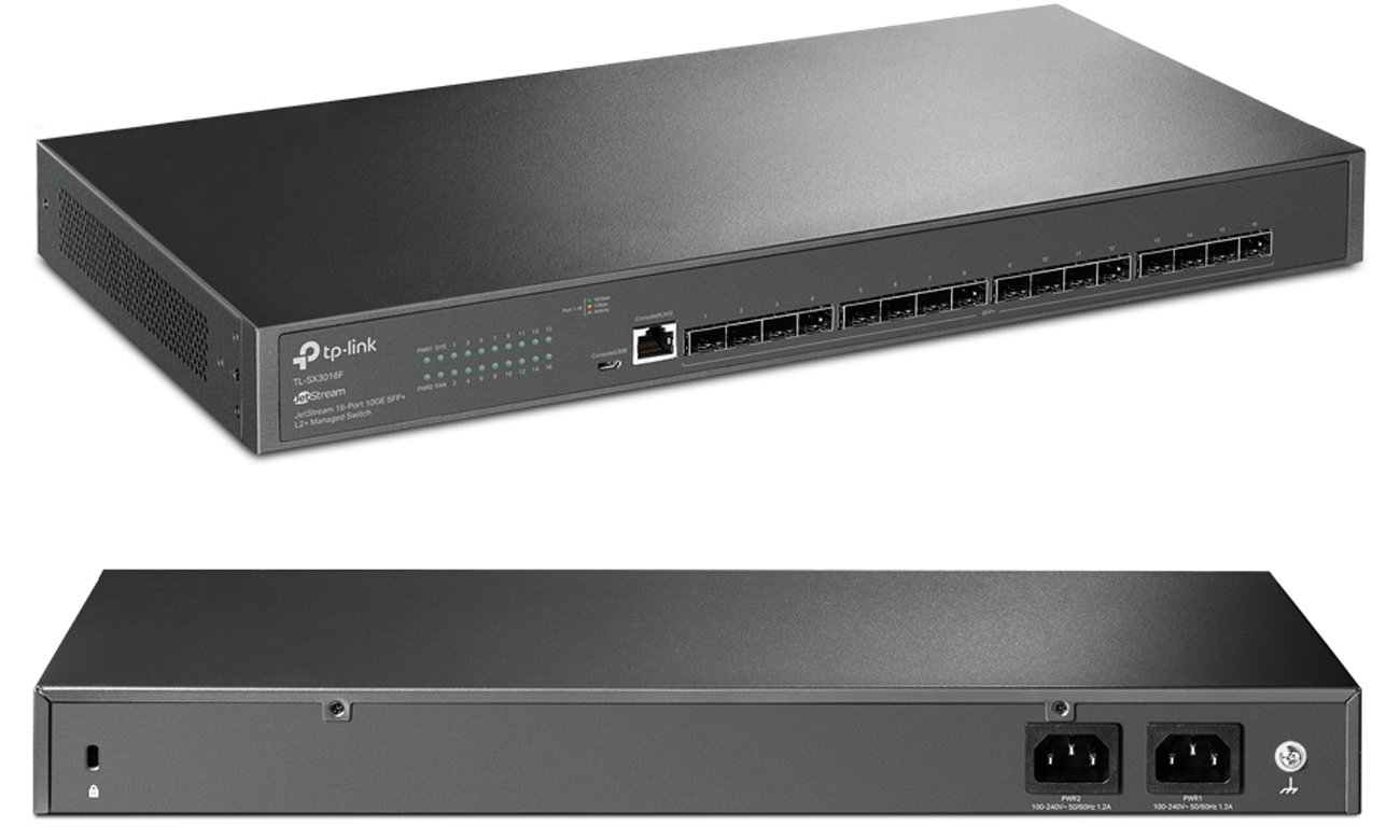 Przełącznik zarządzalny TP-Link TL-SX3016F - Widok od przodu pod kątem oraz od tyłu