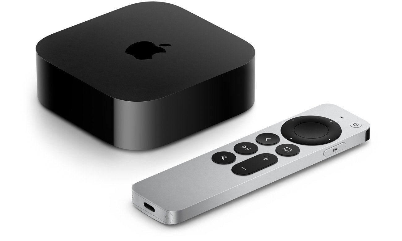 Apple TV 4K 64 GB (2022) - Widok od przodu pod kątem + pilot
