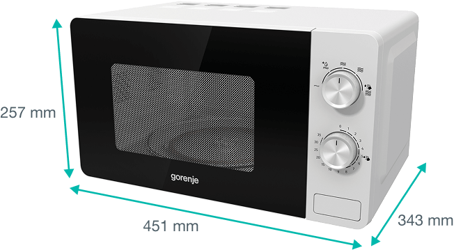 Kuchenka mikrofalowa Gorenje z widocznymi wymiarami: szerokość 451 mm, wysokość 257 mm i głębokość 343 mm.