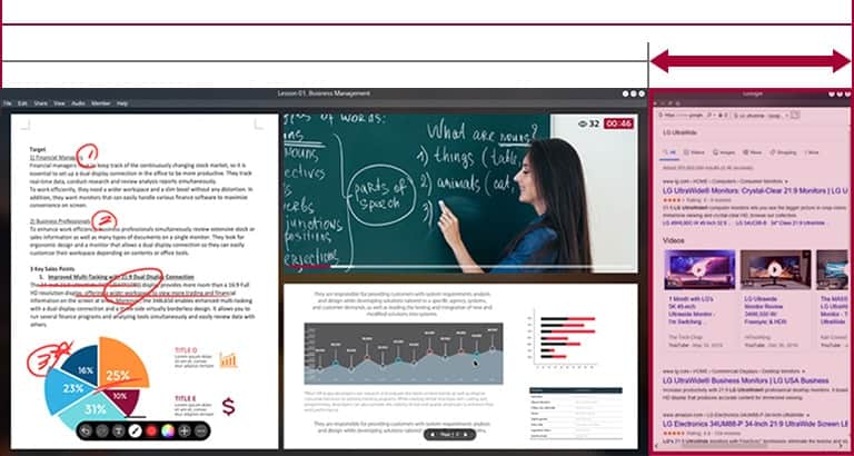 Większa przestrzeń ekranu UltraWide o proporcjach 21:9 w porównaniu do 16:9. Na ekranie widać trwające zajęcia online.