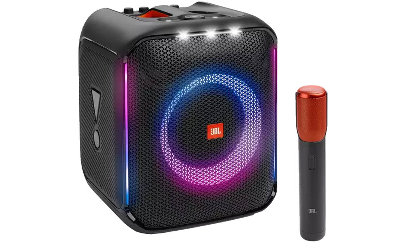 JBL Partybox Encore widok z przodu pod kątem, mikrofon