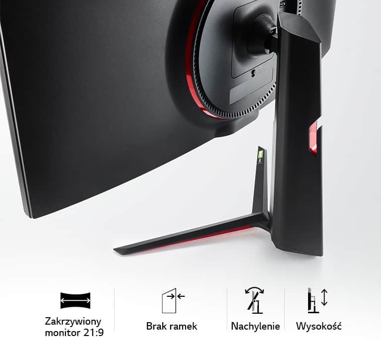 Stylowy design: zakrzywiony ekran 21:9, bez ramek, regulacja nachylenia i wysokości