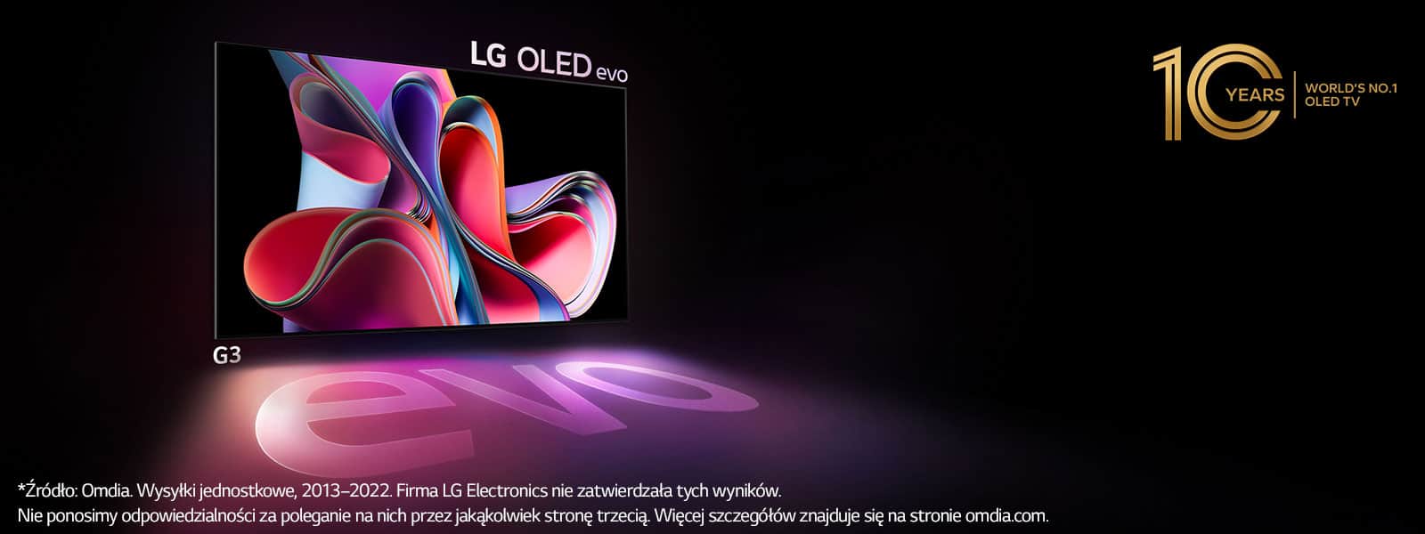 LG OLED G3 evo jasno świeci w ciemnym pomieszczeniu. W prawym górny rogu znajduje się logo na cześć 10. rocznicy OLED.