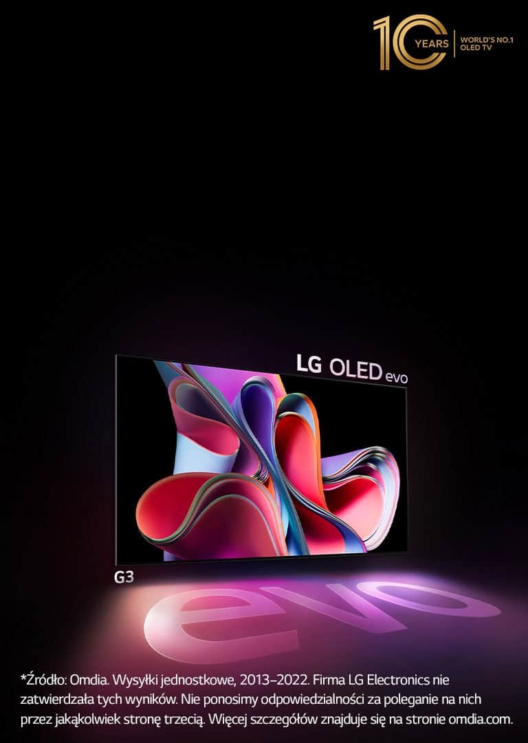 LG OLED G3 evo jasno świeci w ciemnym pomieszczeniu. W prawym górny rogu znajduje się logo na cześć 10. rocznicy OLED.
