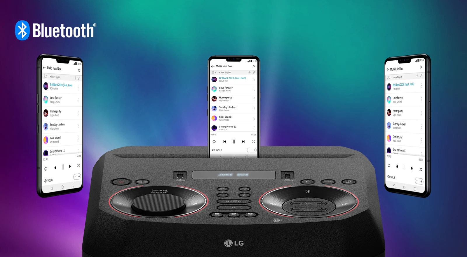 Głośnik LG XBOOM, na którym leży smartfon, a w pobliżu unoszą się dwa inne smartfony. W lewym górnym rogu znajduje się logo Bluetooth.