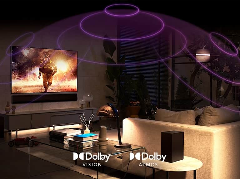 Pilt LG OLED-telerist ruumis, teler esitab põnevusfilmi. Helilained loovad diivani ja teleri vahele kupli, mis kujutab kaasahaaravat ruumilist heli.