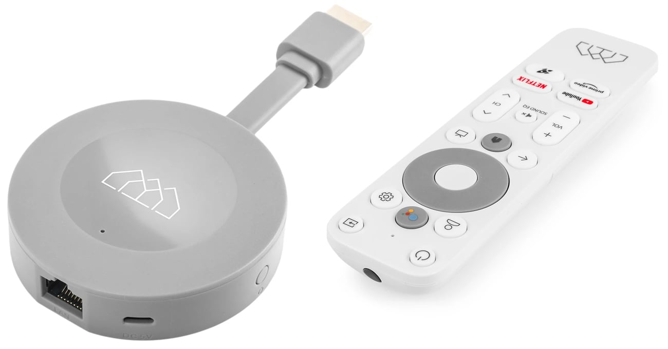 Odtwarzacz Homatics Dongle G 4K Android - Widok od przodu pod kątem wraz z pilotem