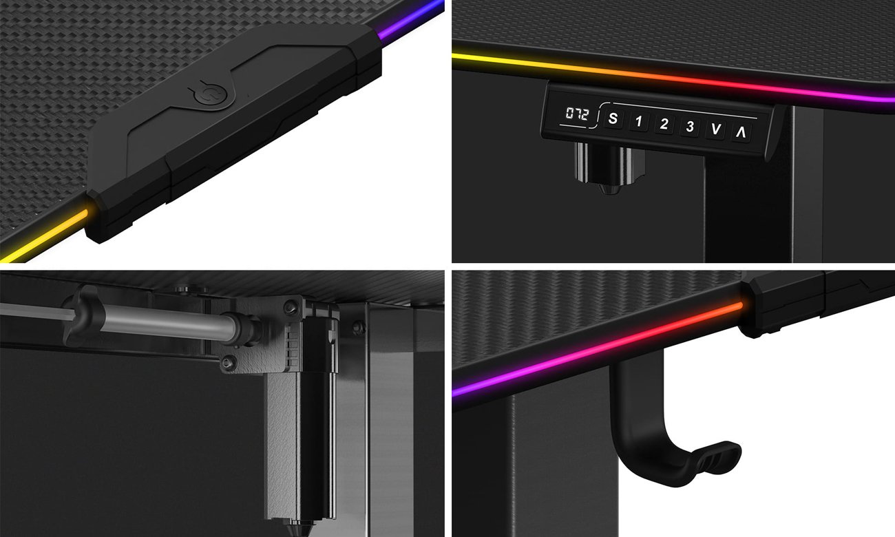 Grafika prezentująca główne elementy biurka Huzaro Hero 8.2 RGB z elektryczną regulacją