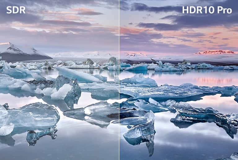 Na ekranie widać grę z robotami. Porównanie obrazu zwykłego i HDR 10 Pro.