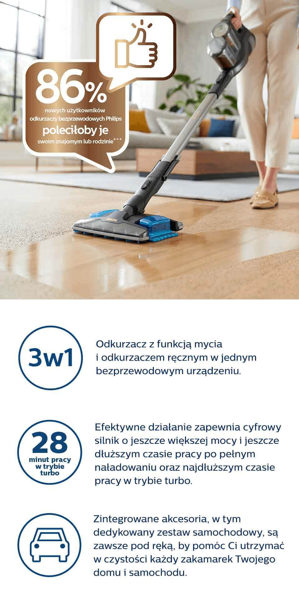 Philips 3w1: nasadka zasysająca 360°, system do odkurzania i mycia, odkurzacz ręczny