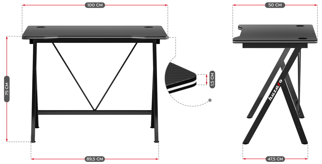 Grafika z wymiarami biurka gamingowego Huzaro Hero 1.4 Black