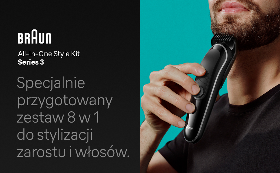 Braun All-In-One Style Kit Series 3. Specjalnie przygotowany zestaw 8 w 1 do stylizacji zarostu i włosów.