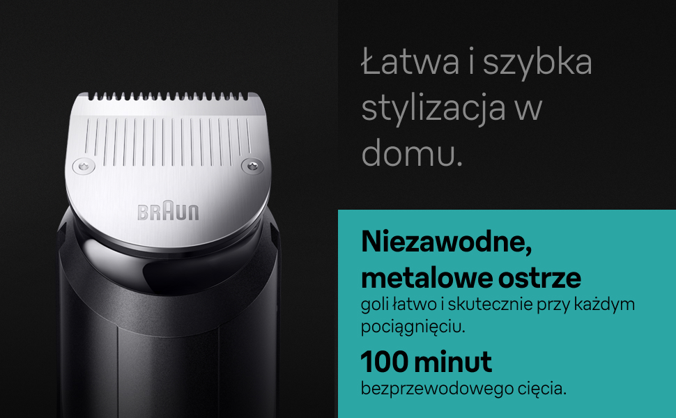 Łatwa i szybka stylizacja w domu. Niezawodne, metalowe ostrze goli łatwo i skutecznie przy każdym pociągnięciu. 100 minut bezprzewodowego cięcia.