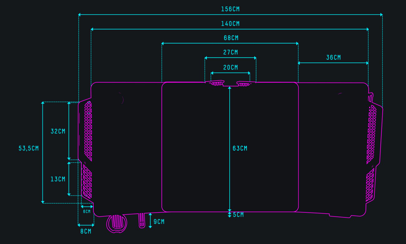 Biurko gamingowe Ultradesk Level V2 LED RGB Czarno-czerwone - Grafika z wymiarami blatu