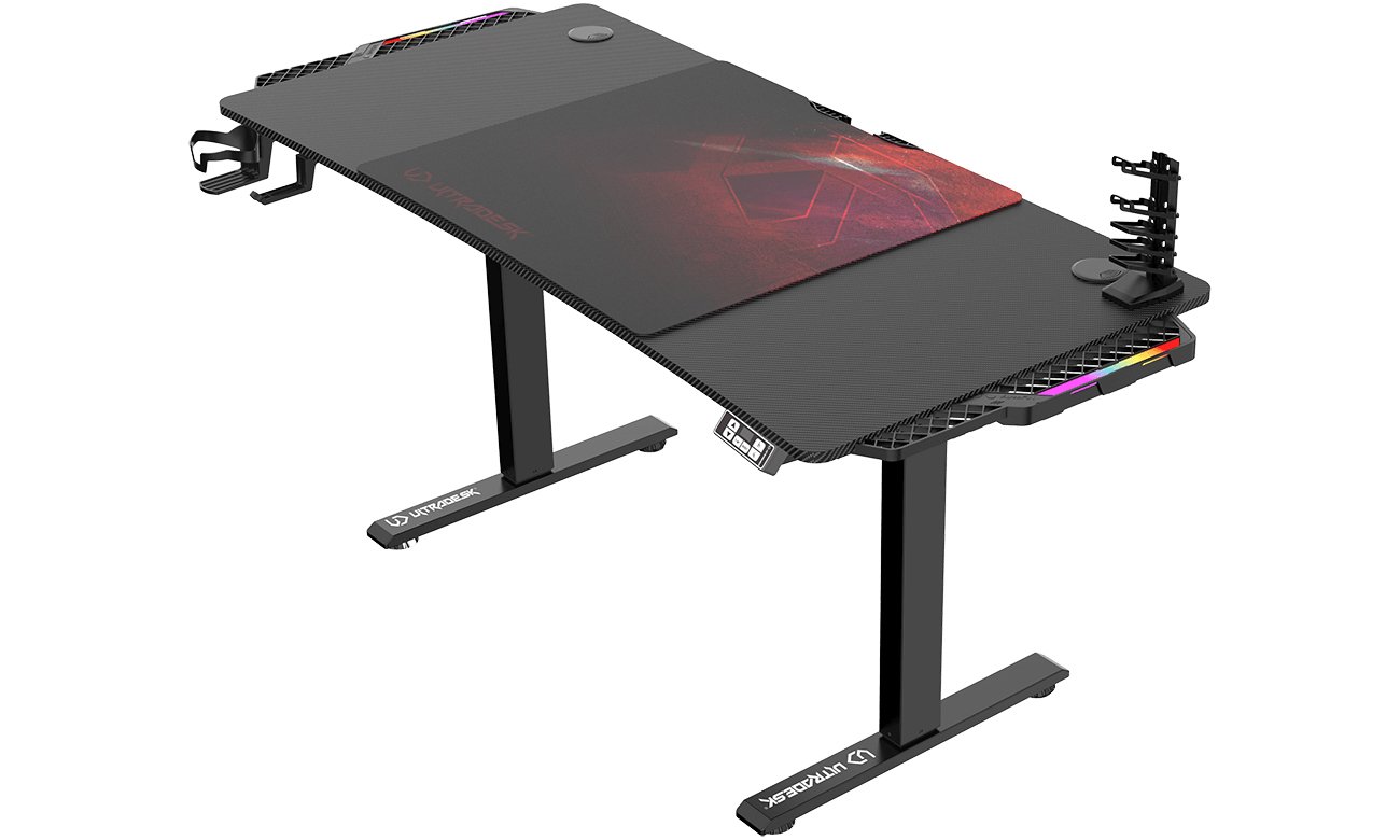 Biurko gamingowe Ultradesk Level V2 LED RGB Czarno-czerwone - Widok od przodu pod kątem