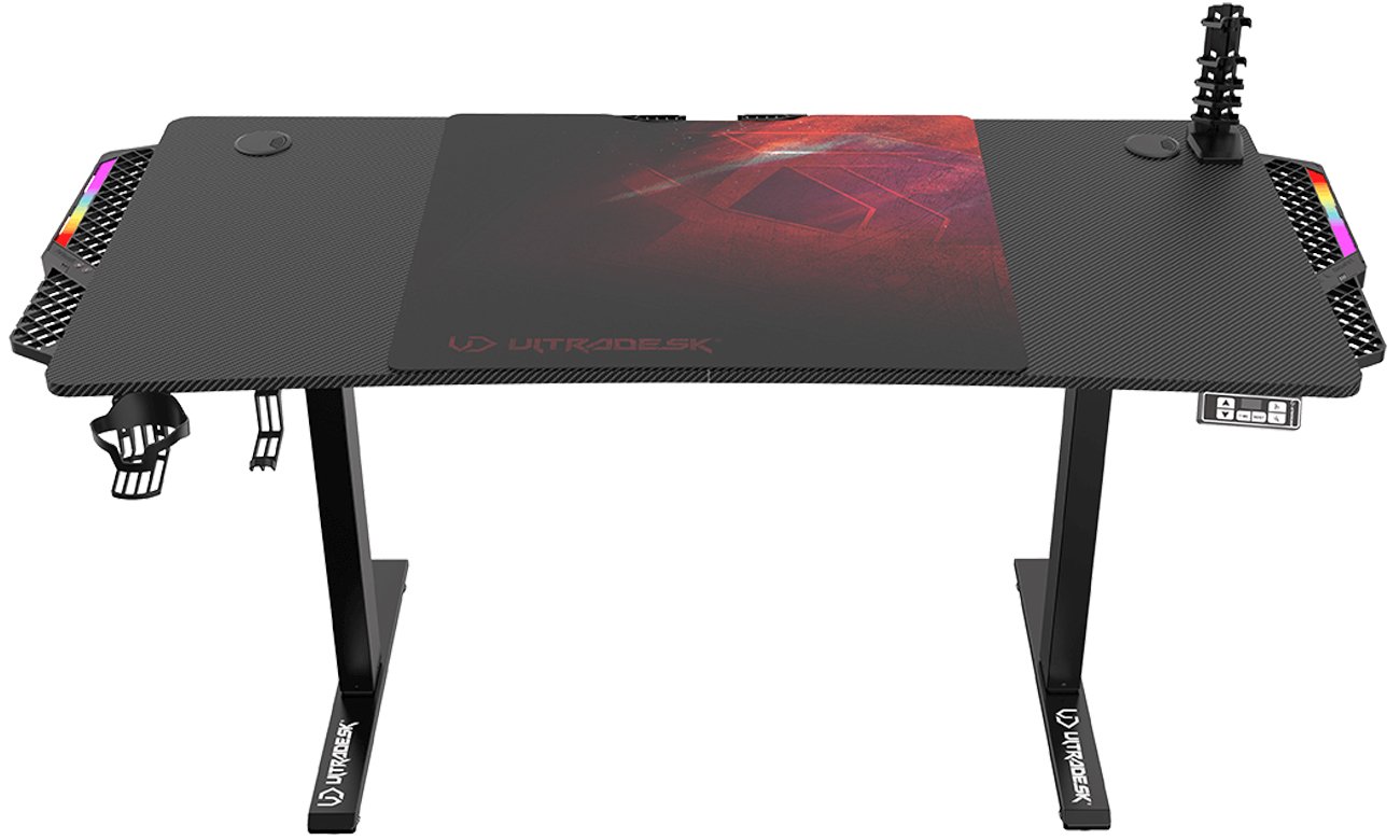 Biurko gamingowe Ultradesk Level V2 LED RGB Czarno-czerwone - Widok od przodu